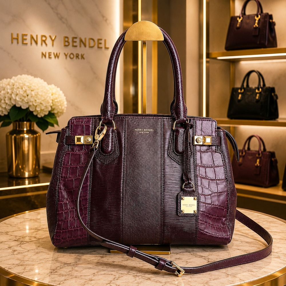 Henri Bendel Leather Patchwork Satchel Burgundy Croc Embossed Limited Edition